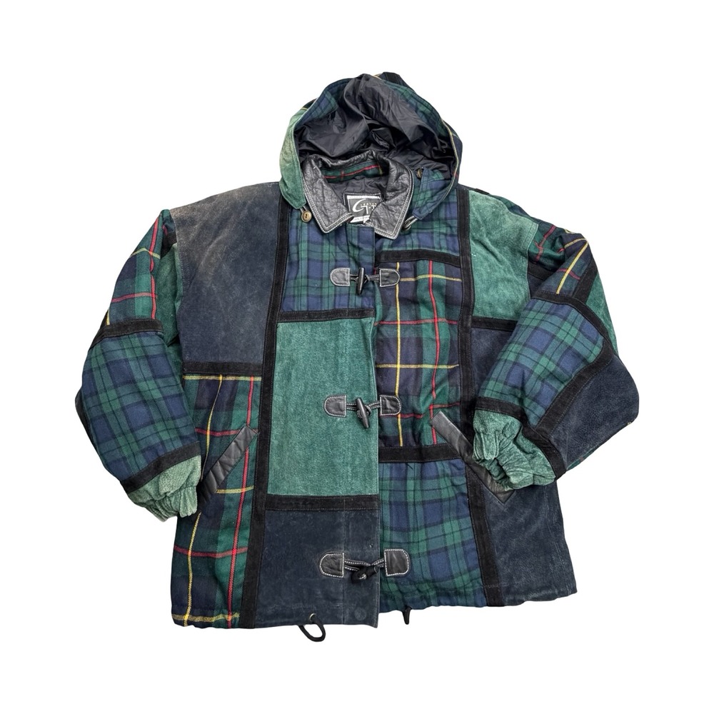 Global Identity G-III Jacket Mens M Green Plaid Patchwork Leather Toggle Hooded